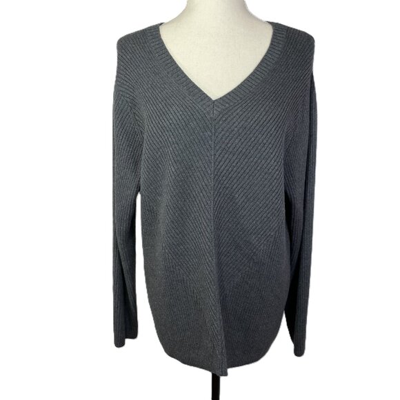 Coldwater Creek Gray Ribbed V Neck Sweater Thick Knit Long Sleeves Size 1x / 18 - Picture 1 of 12
